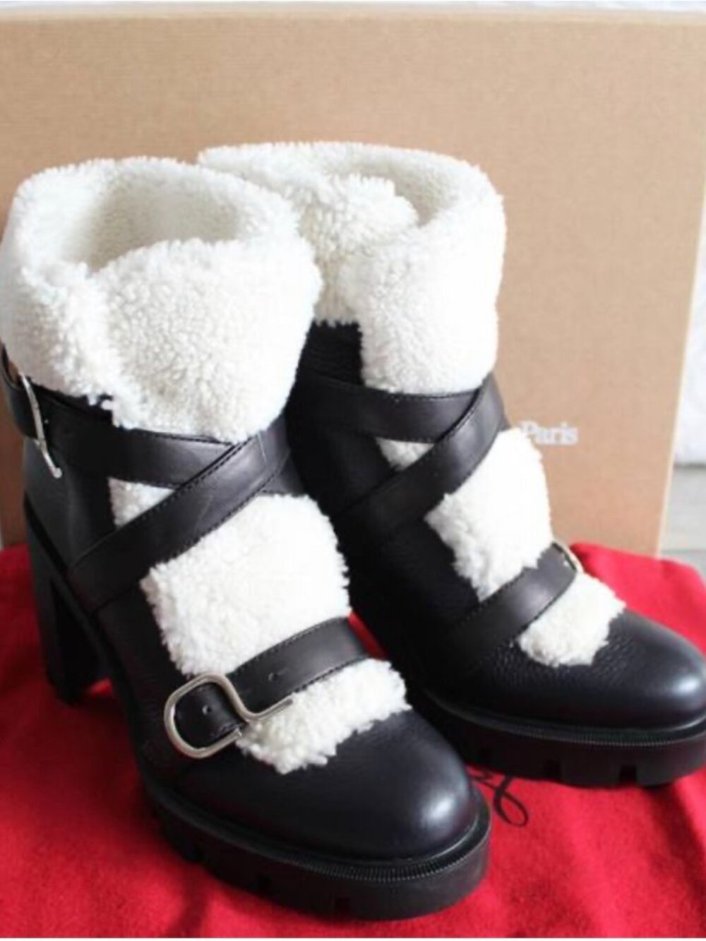 CHRISTIAN LOUBOUTIN BLACK LEATHER/SHEARLING BOOTS